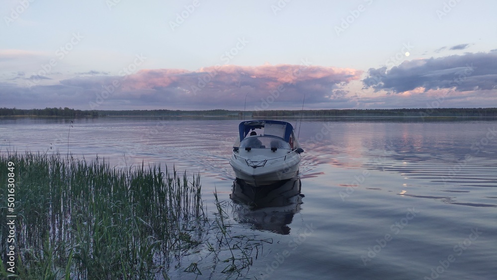 A motorboat is sailing on the lake. The colorful sky with clouds is reflected in the water. The moon has risen above the clouds. Trees grow on the shore, reeds grow in the water