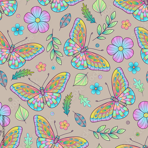 Spring Colorful Pastel Hand-drawn Seamless Pattern of Gradient Butterflies, Flowers, Leaves on Light Brown Backdrop.