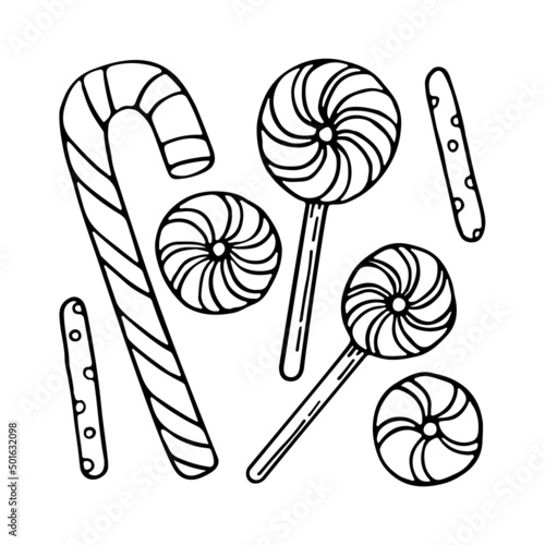 Coloring page caramel candies. Holiday sweets. Lollipop on a stick. Hand drawn vector doodle illustration. Coloring book for children and adults. Black and white sketch line art.