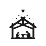 Jesus Christ was born symbol. Merry Christmas. Mary and Joseph bowed to the newborn Savior in a stable. Vector EPS 10