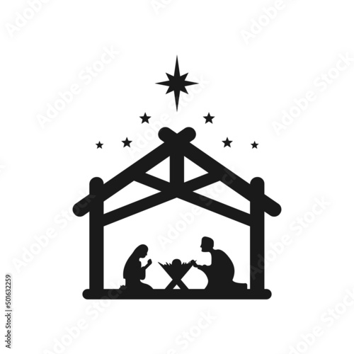 Jesus Christ was born symbol. Merry Christmas. Mary and Joseph bowed to the newborn Savior in a stable. Vector EPS 10