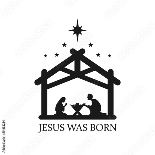 Jesus was born vector illustration. Merry Christmas logo with text isolated on white background. Vector EPS 10 photo