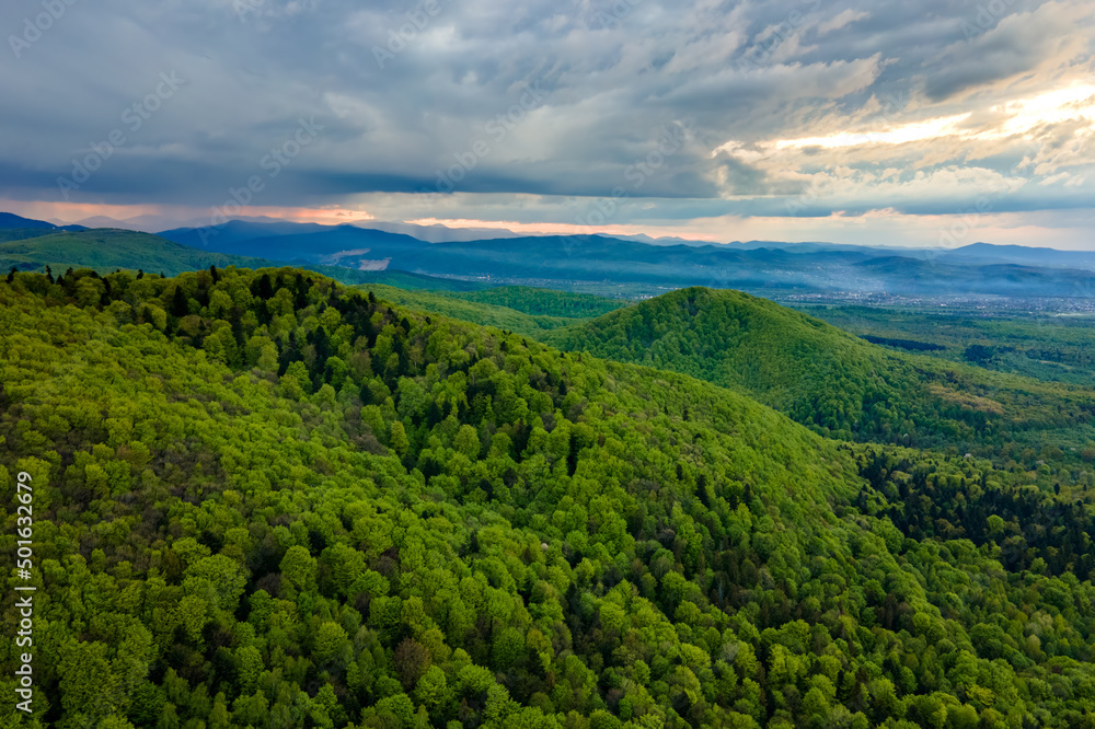 Aerial view of dark mountain hills covered with green mixed pine and lush forest in evening