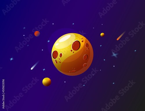 Yellow planet in space with meteorites and stars.