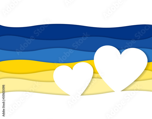 Hearts and Ukraine flag colors in a paper layer style
