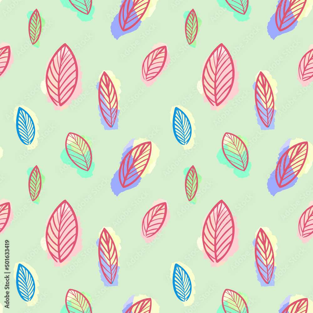 Leaf pattern.Seamless Botanical leaf pattern on a light green background. Digital illustration of leaves.Design for textiles, postcards, web
