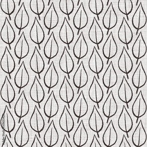 French grey botanical leaf linen seamless pattern with 2 tone country cottage style motif. Simple vintage rustic fabric textile effect. Primitive modern shabby chic kitchen cloth design.