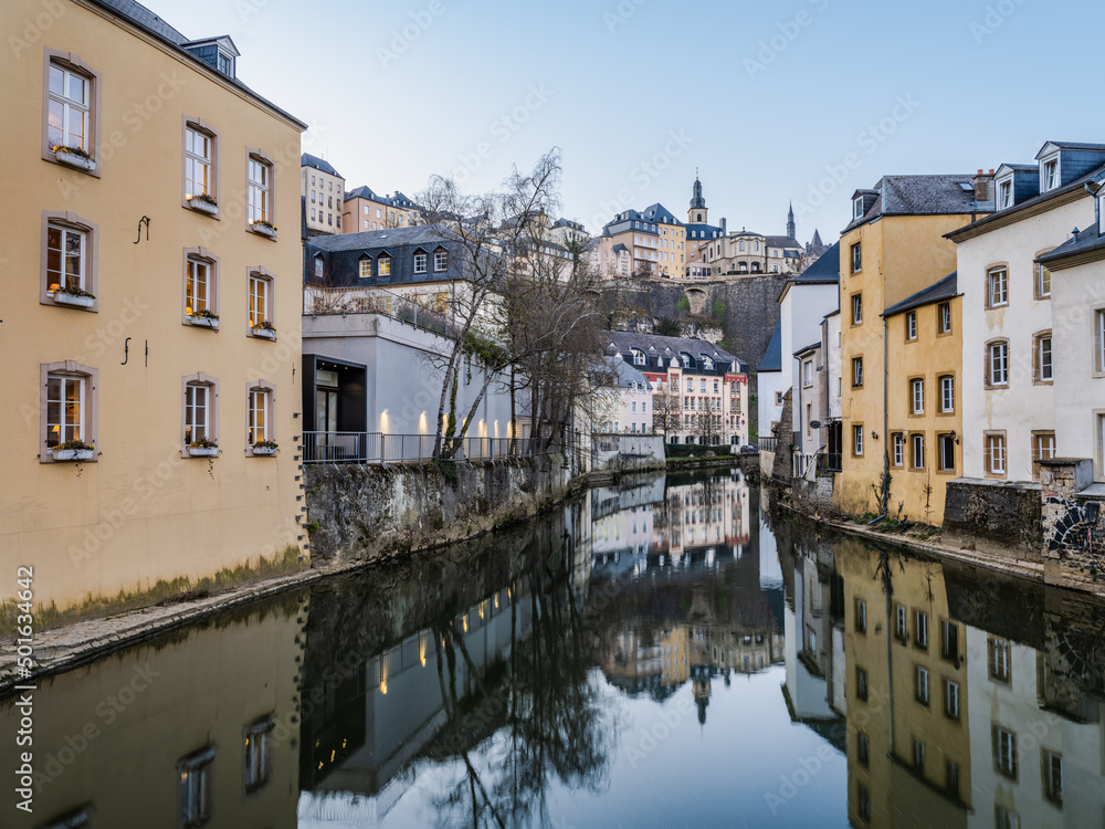 Charming old town of Luxembourg on Alzette river at dusk