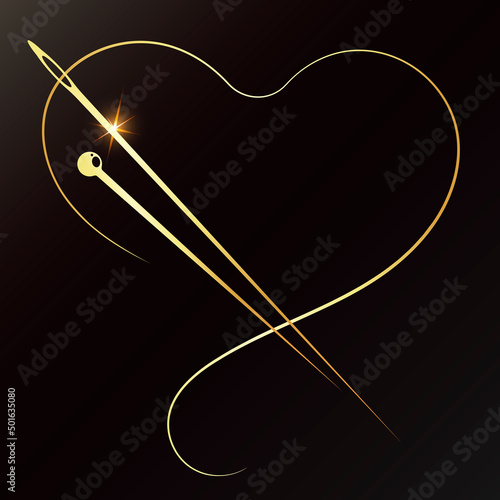 Golden needle and thread in the shape of a heart. Unique symbol for cutting and sewing