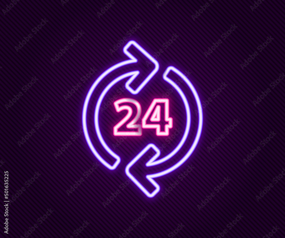 Glowing neon line Telephone 24 hours support icon isolated on black background. All-day customer support call-center. Full time call services. Colorful outline concept. Vector Glowing neon line Telephone 24 hours support icon isolated on black background. All-day customer support call-center. Full time call services. Colorful outline concept. Vector