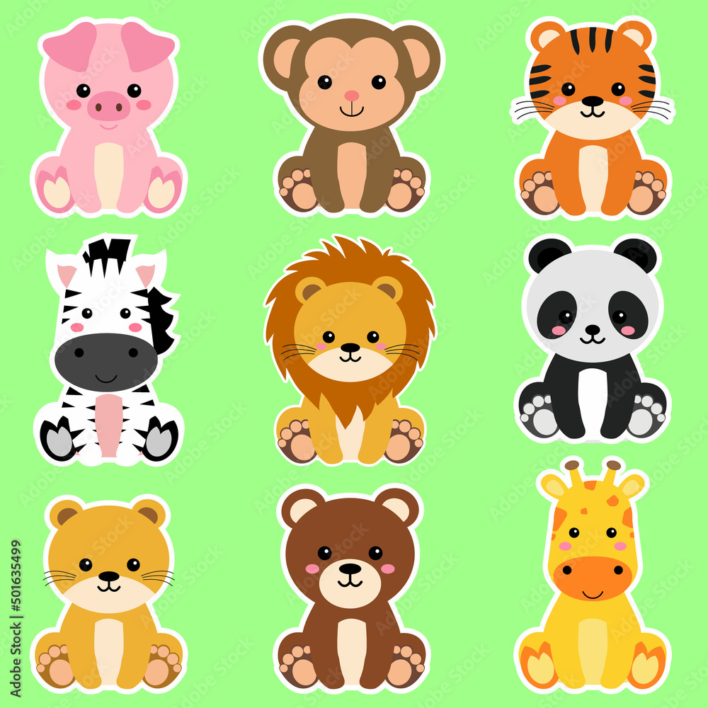 Cute wild animals set including lion, tiger, pig, bear, lioness, panda,  monkey, zebra, and giraffe. Safari jungle animals vector. Woodland animal  illustration Stock Vector | Adobe Stock
