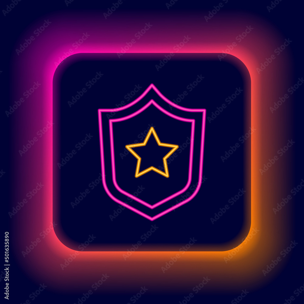Glowing neon line Police badge icon isolated on black background. Sheriff badge sign. Shield with star symbol. Colorful outline concept. Vector