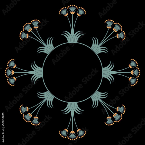 Round floral frame with blooming branches. Papyrus plant. Lily blossom. Ancient Minoan floral ethnic design. On black background.