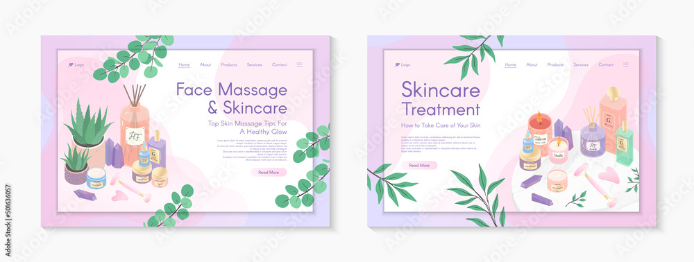 Web page design templates for skin care treatment,face massage tutorial,spa,wellness,natural products,cosmetics,self care.Vector illustration concepts for website, mobile website.Landing page layouts. Web page design templates for skin care treatment,face massage tutorial,spa,wellness,natural products,cosmetics,self care.Vector illustration concepts for website, mobile website.Landing page layouts.