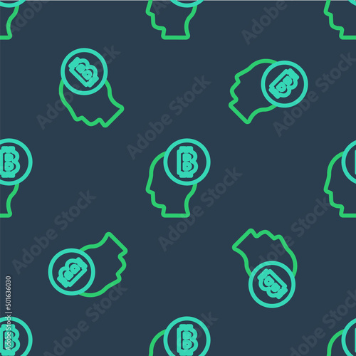 Line Bitcoin think icon isolated seamless pattern on blue background. Cryptocurrency head. Blockchain technology, digital money market, cryptocoin wallet. Vector