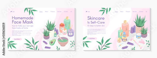 Web page design templates for skin care treatment,homemade facial mask tutorial,spa,wellness,natural products,self care.Vector illustration concepts for website,mobile website.Landing page layouts.