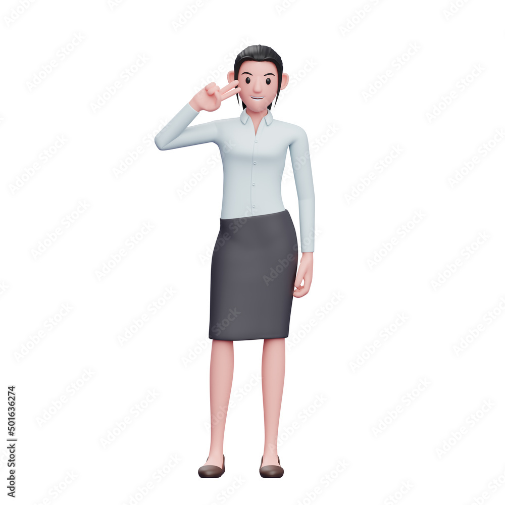 young woman posing peace finger on cheek, 3D business woman character illustration young woman posing peace finger on cheek, 3D business woman character illustration