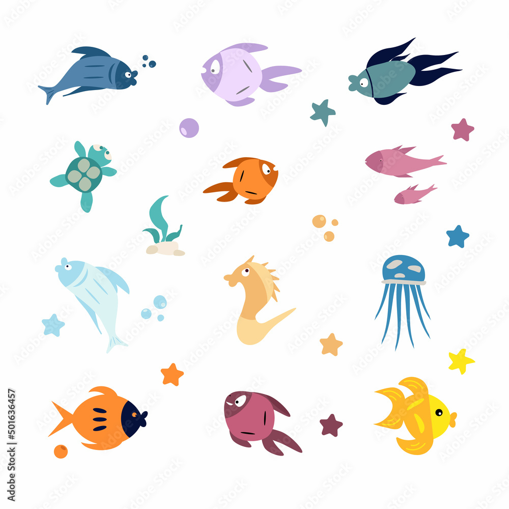 Set of beautiful aquatic animals