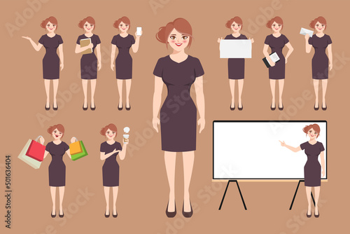 Businesswoman character pose set. Flat cartoon vector design.
