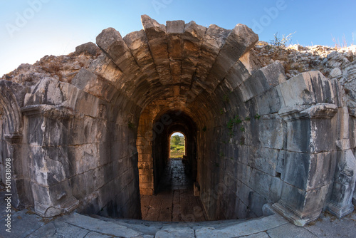 Miletus theater. The ancient roman amphitheater at Miletus, Turkey. The interior of the amphitheater. High arches of an antique building.