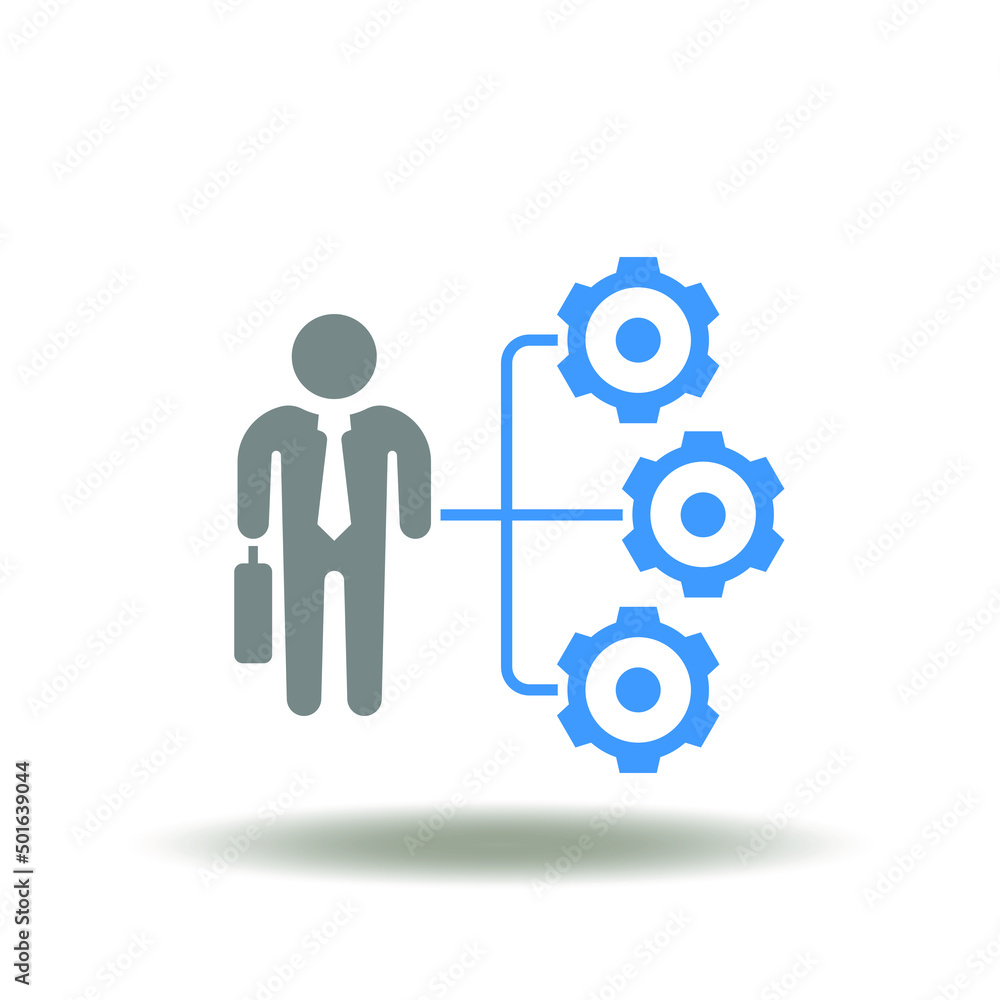 Vector illustration of businessman and flowchart with gears. Icon of roles and responsibilities. Symbol of employee with professional role, responsibility, motivation. Vector illustration of businessman and flowchart with gears. Icon of roles and responsibilities. Symbol of employee with professional role, responsibility, motivation.