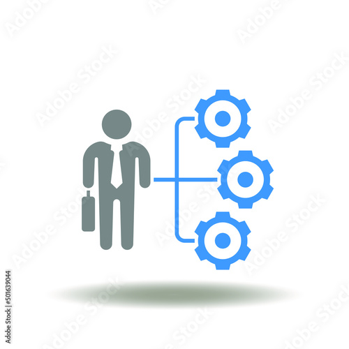 Vector illustration of businessman and flowchart with gears. Icon of roles and responsibilities. Symbol of employee with professional role, responsibility, motivation.