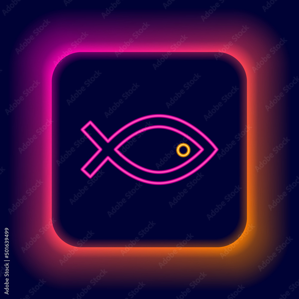 Naklejka premium Glowing neon line Christian fish symbol icon isolated on black background. Jesus fish symbol. Colorful outline concept. Vector