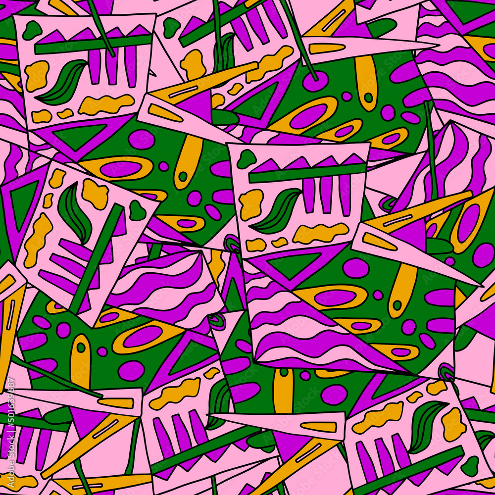 Fototapeta premium Cute abstract doodle artistic sketch seamless pattern. Background with crazy messy doodle art with different shapes, curls. Fantasy texture, textile, wrap, fabric.