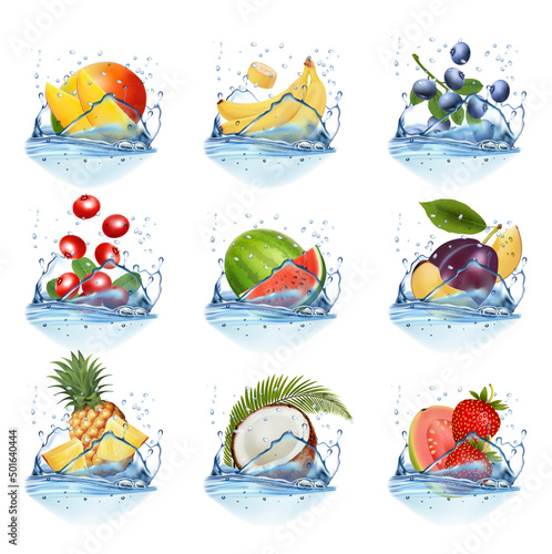 Big collection of fruit in a water splash. Raspberry, black currant, blackberry, blueberry, plum, pineapple, meloun, bannan, guava, strawberry, coconut. Vector Set.