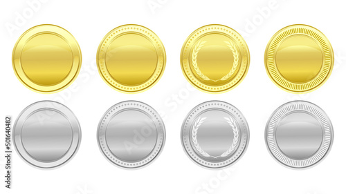 Gold and silver coins collection. Medals logo set. Shiny round awards. Luxury blank frames, decoration emblems. Isolated abstract graphic design template