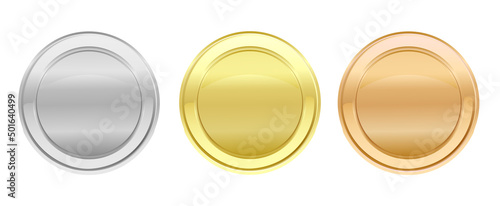 Medals logo collection. Set of shiny round awards or coins in gold, silver and bronze metallic colors. Luxury frames, decoration emblems. Isolated abstract graphic design template