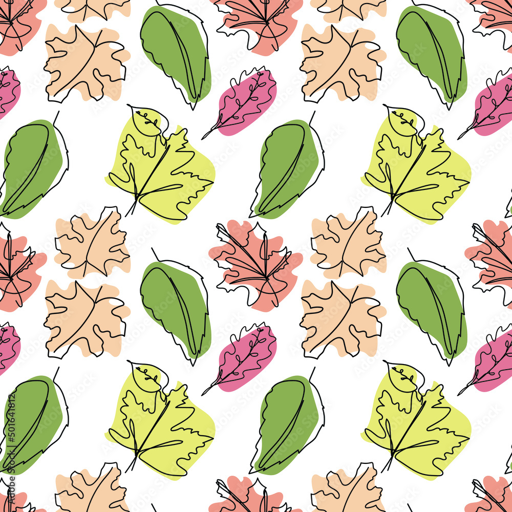 One line continuous of abstract autumn leaves seamless pattern. Simple ...
