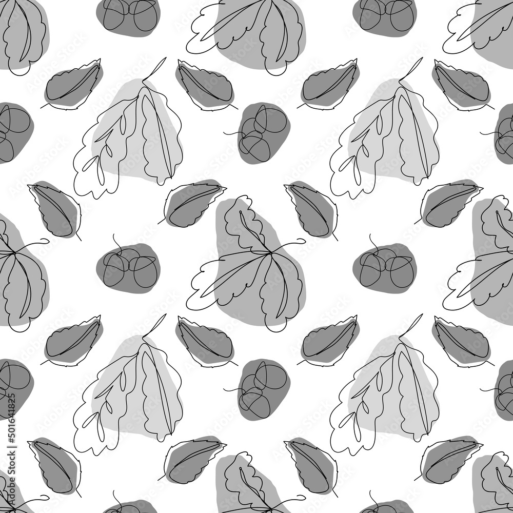 One line continuous of abstract autumn leaves seamless pattern. Simple ...