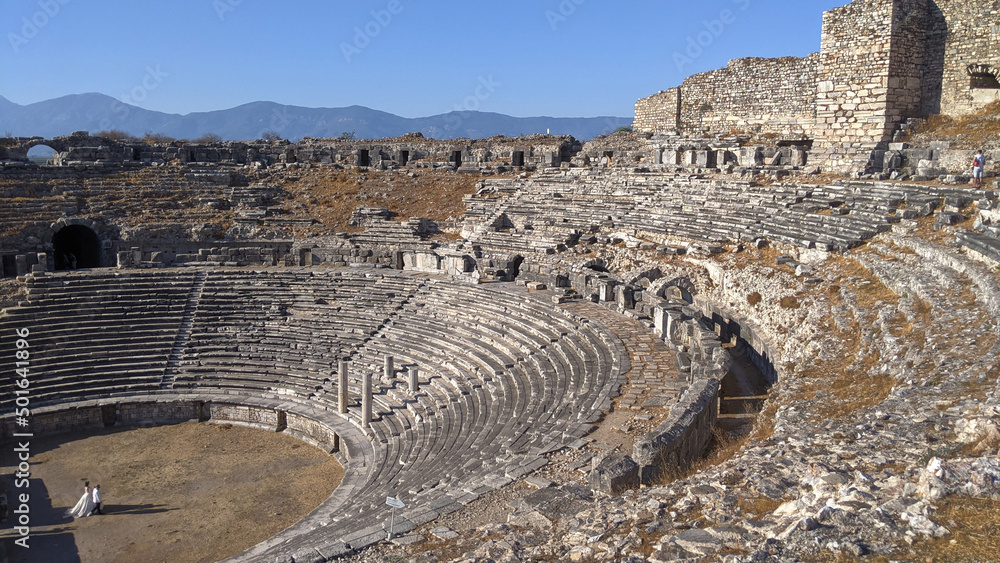 Miletus theater. The ancient roman amphitheater at Miletus, Turkey. The ancient harbour city of Miletus was the economic and cultural centre of the eastern Aegean.