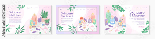 Web page design templates for skin care treatment,face massage tutorial,spa,wellness,natural products,cosmetics,self care.Vector illustration concepts for website, mobile website.Landing page layouts.