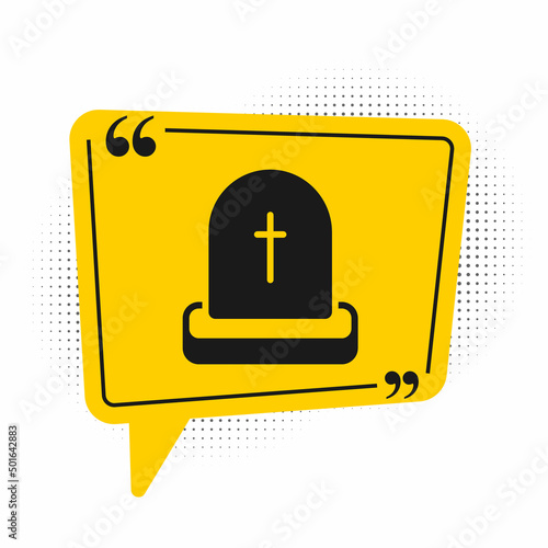 Black Tombstone with RIP written on it icon isolated on white background. Grave icon. Happy Halloween party. Yellow speech bubble symbol. Vector