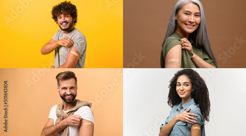 Collage of happy diverse vaccinated people with band-aids on arms, group of multiracial people got an injection against covid or viral disase, isolated. Measures against coronavirus outspread