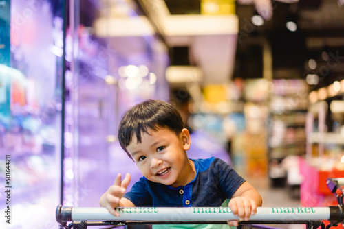 toddler boy child sitting on shopping cart during family shopping on grocery store hypermarket.Kid boy smile with milk teeth happy emotion and buying food and skin care baby toddler product grocery. photo