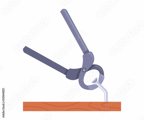 old pliers take out a nail nailed to a tree. flat vector illustration.