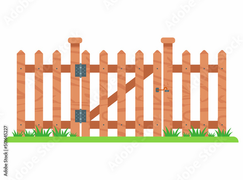wooden gate to the private sector. fence in the garden. flat vector illustration.