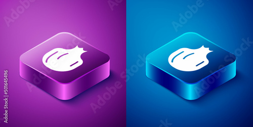 Isometric Pomegranate icon isolated on blue and purple background. Garnet fruit. Square button. Vector