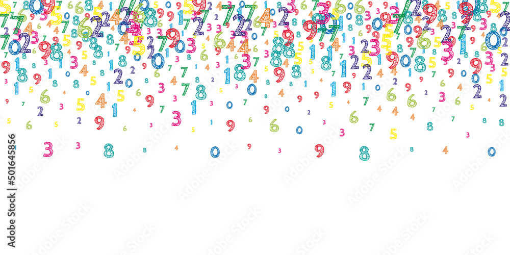 Falling colorful orderly numbers. Math study concept with flying digits. Unique back to school mathematics banner on white background. Falling numbers vector illustration.