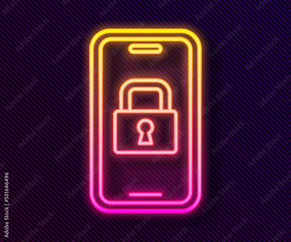 Glowing neon line Digital door lock with wireless technology for lock icon isolated on black background. Door handle sign. Security smart home. Vector Glowing neon line Digital door lock with wireless technology for lock icon isolated on black background. Door handle sign. Security smart home. Vector