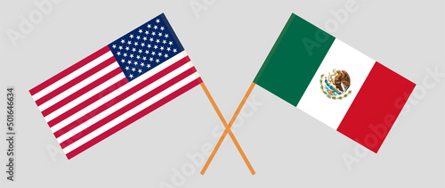 Crossed flags of the USA and Mexico. Official colors. Correct proportion