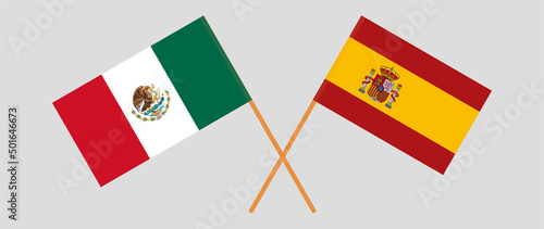 Crossed flags of Mexico and Spain. Official colors. Correct proportion