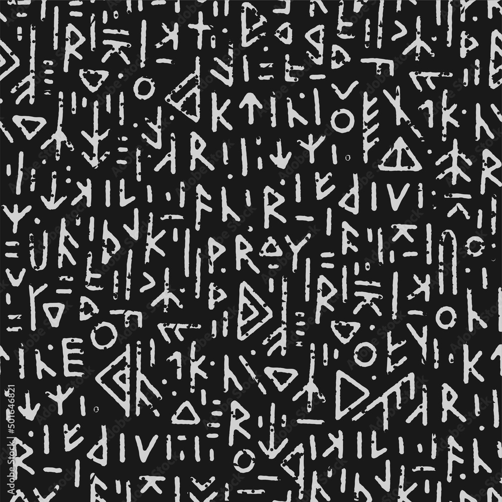 Runic seamless pattern, black white runes - Scandinavian gothic folk art. Ethnic Norwegian Icelandic background. Runic talismans of the Vikings. Magic and magical runes. Pagan signs. Futhark. 