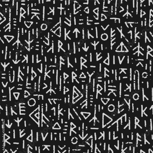 Runic seamless pattern, black white runes - Scandinavian gothic folk art. Ethnic Norwegian Icelandic background. Runic talismans of the Vikings. Magic and magical runes. Pagan signs. Futhark. 