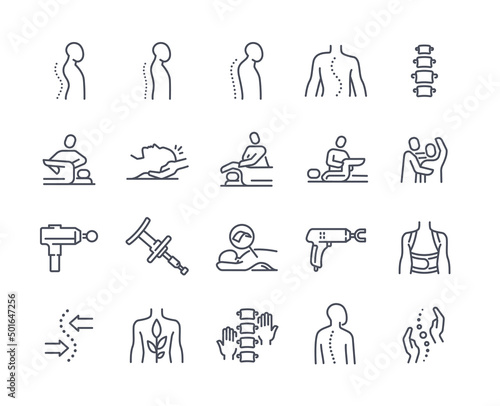 Chiropractic line icon set. Minimalistic stickers with spine, massage, bone and joint restoration and scoliosis. Medicine and treatment. Cartoon flat vector collection isolated on white background