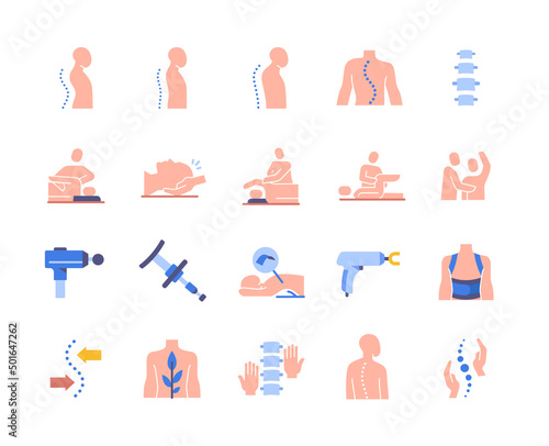 Colorful set of Chiropractic icons. Bright stickers with massage devices, corsets for curved spines and scoliosis. Treatment and prevention. Cartoon flat vector collection isolated on white background