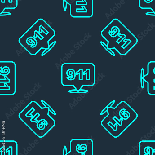 Green line Telephone with emergency call 911 icon isolated seamless pattern on blue background. Police, ambulance, fire department, call, phone. Vector © Kostiantyn